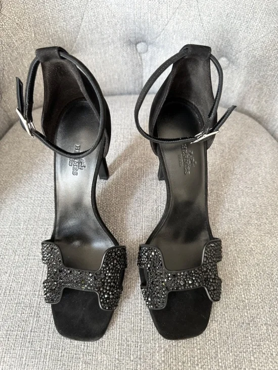 Hermes Joy 105 Noir STRASS Black Suede Leather Ankle Strap Sandals Heels size 38 - Picture 5 of 16